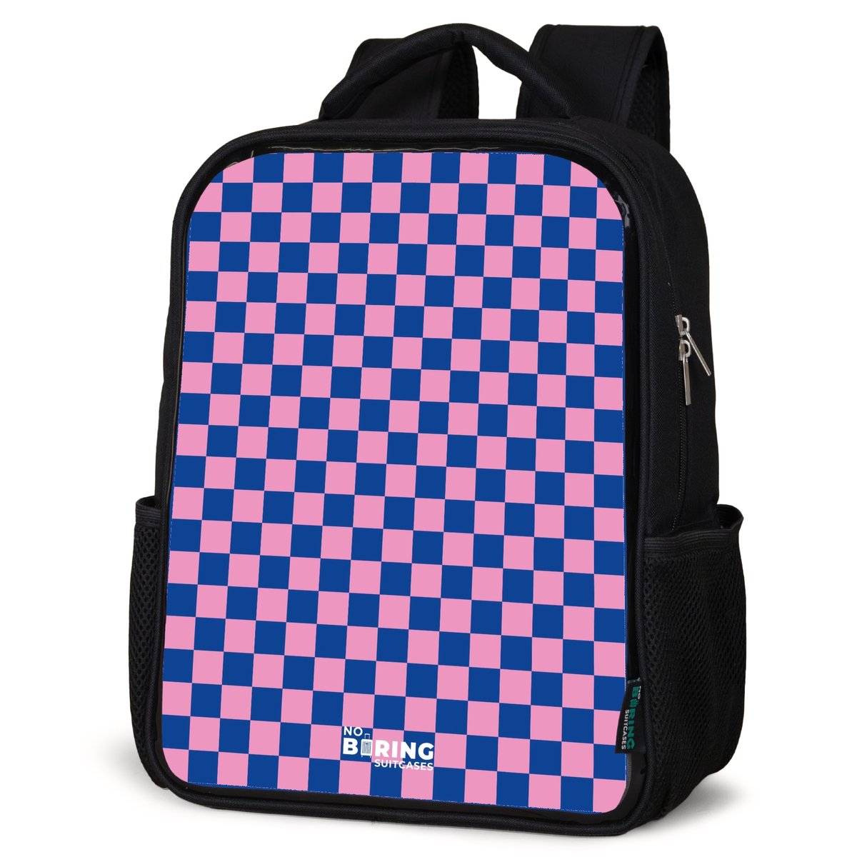 NoBoringSuitcases.com® - Rugzak zwart meisjes - Schooltas meisje - NoBoringSuitcases.com® - Rugzak zwart - Schooltas jongen & meisje - Blokjes - Blauw - Roze - Rugtas voor school - Boekentas kind - Schoolrugzak - Kinderrugzak