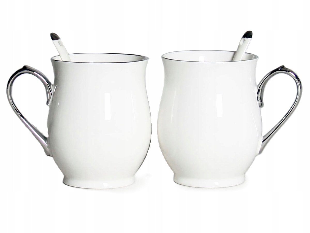 Set van 2 Witte Porseleinen Mokken met Zilveren Details - 350 ml