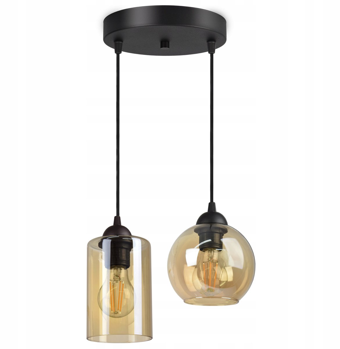 Luxe Glazen Hanglamp met 2 Verschillende Miodowy Kappen - Zwart Mat
