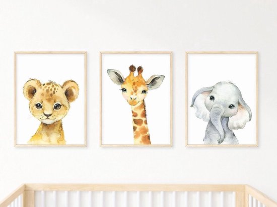 Set d'affiches chambre d'enfant - 3 pièces - 30x40 cm - Animaux Safari - Girafe - Lion - Éléphant - Poster enfant - Chambre de bébé - Cadeau Baby Shower - Décoration murale - Décoration murale
