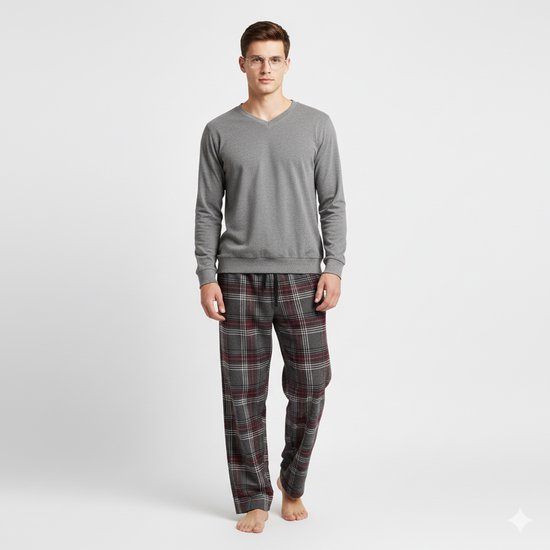 Ensembles de pyjama La- V pour homme avec pantalon en flanelle à carreaux Zwart / Rouge S