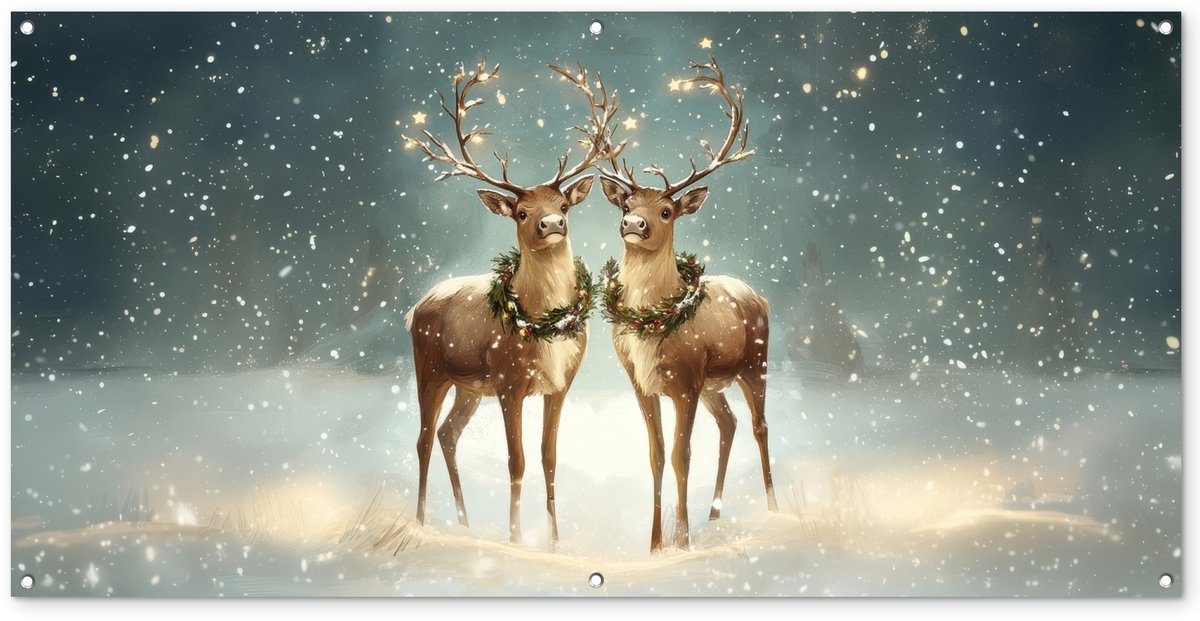 Tuinposter 160x80 cm - Tuindecoratie Kerstmagie - Winterwoud - Rendier - Poster voor in de tuin - Buiten decoratie - Schutting tuinschilderij - Tuindoek muurdecoratie - Wanddecoratie balkondoek