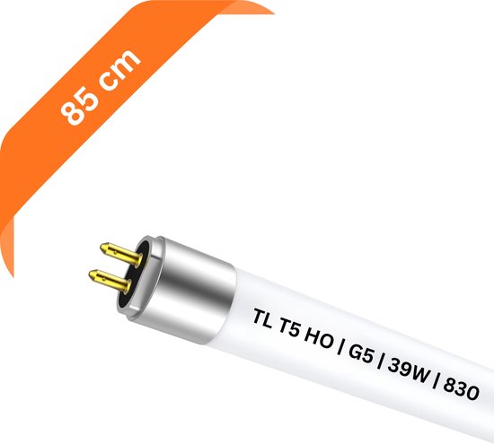 Een TL-buis van 85 cm, met de tekst "TL T5 HO | G5 | 39W | 830" en gouden pinnen.