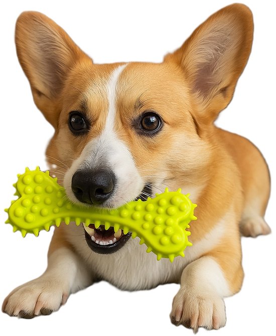 Bruine corgi met geel botvormig kauwspeeltje in de bek.
