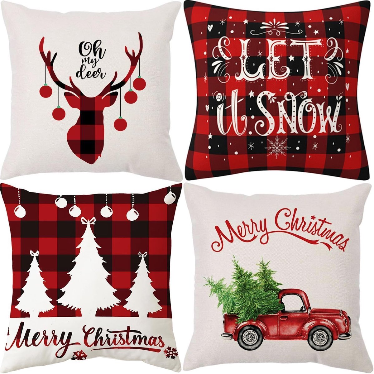 Unyqoos Set van 4 Kerst Kussenslopen met Hertenpatroon en Kerstboom-Motief wit rood