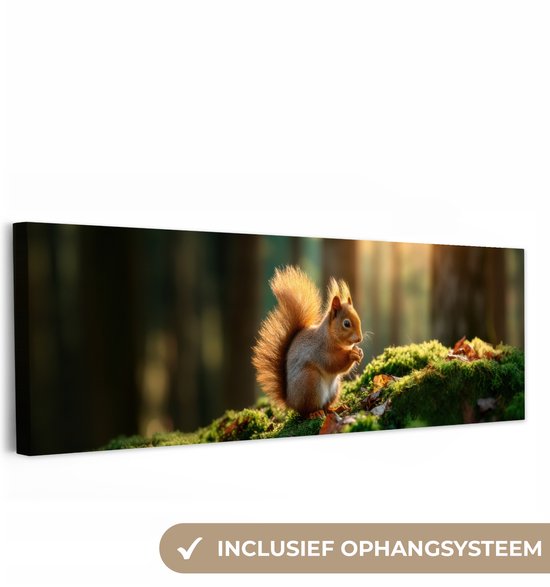 Canvas schilderij 150x50 cm - Exclusieve wanddecoratie Eekhoorn - Nootje - Gras - Muurdecoratie woonkamer - Slaapkamer decoratie - Kamer accessoires - Schilderijen op canvas