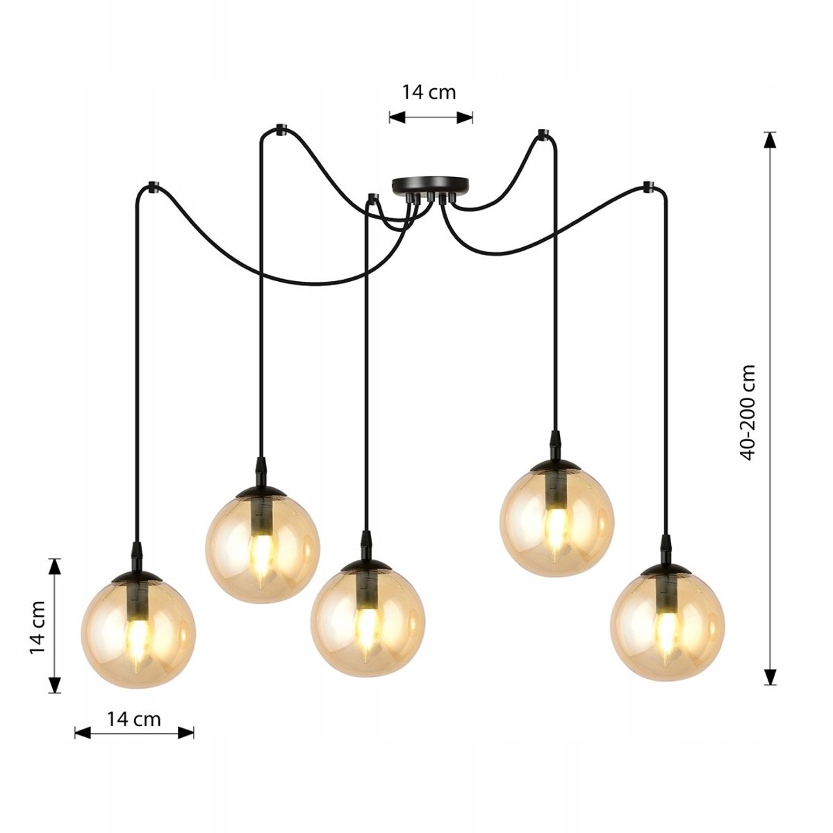 Emibig GIGI 5 Hanglamp - Zwart & Honingkleurig Glas, E14