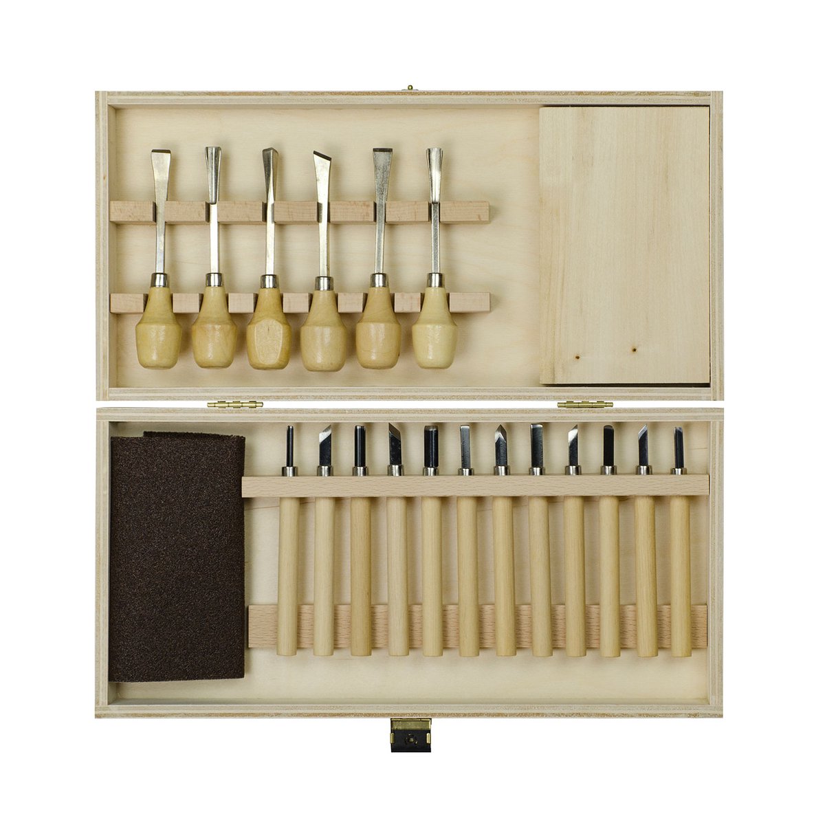 Houtsnijset in gereedschapskist - Geschikt voor fijn houtsnijwerk - Voor het maken van indrukwekkende houtsnijfiguren, enz. - Hoogwaardige afwerking - 20-delig