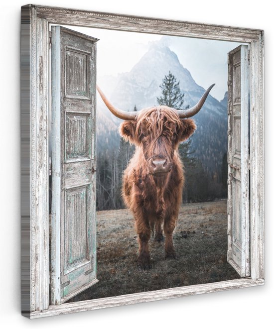 Tableau de jardin extérieur 70x70 cm - Décoration de jardin Highlander écossais - Vache - Rural - Vue - Affiche de jardin sur toile - Décoration murale de Jardin - Décoration de tableau extérieur - Décoration murale de clôture - Toile extérieure