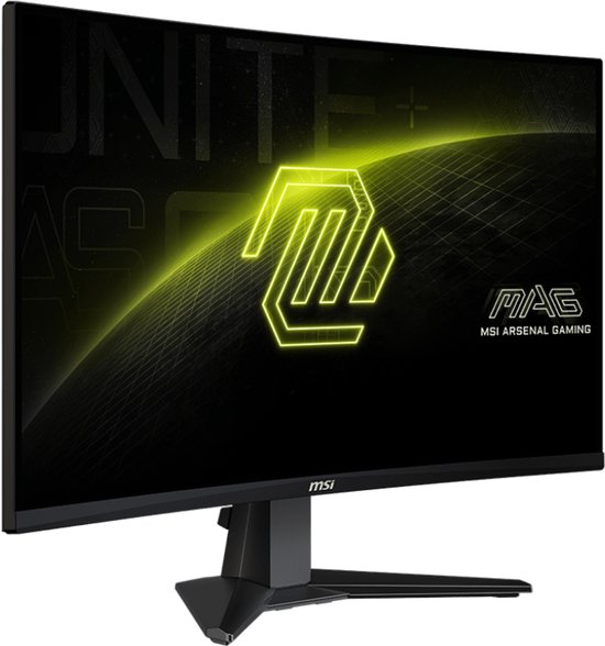 Gebogen gaming monitor met een slank profiel en een prominente groene grafische print.