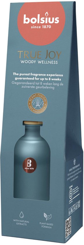 Bolsius True Joy Woody Wellness geurverspreider in blauwe verpakking met flesje.