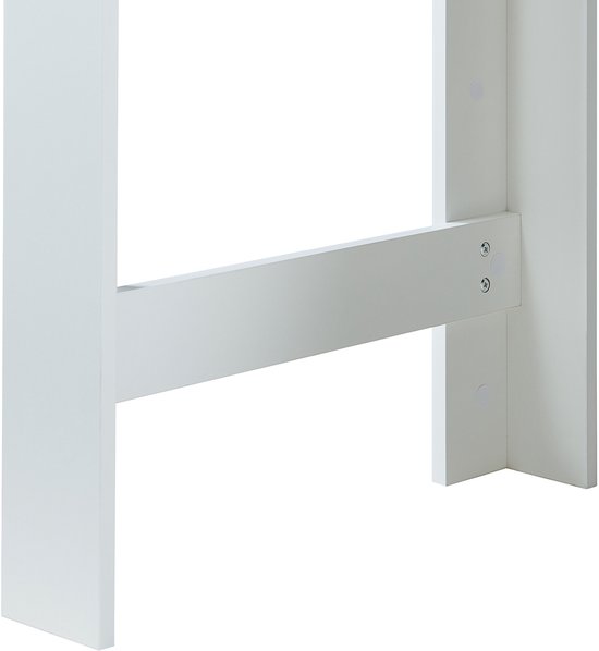 Onderkant van een witte staande tafel met een horizontale steunbalk, bevestigd met schroeven.