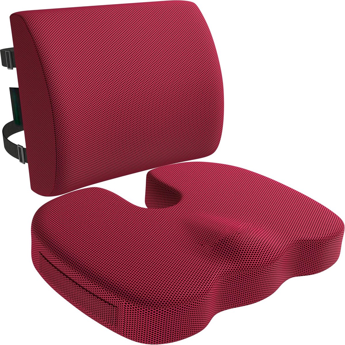 Groot Ergonomisch Zitkussen en Lendensteun met Memory Foam - Antislip Ontwerp voor Bureaustoel, Gamingstoel en Autostoel - Ideaal voor Langdurig Zitten - Rode Kleur