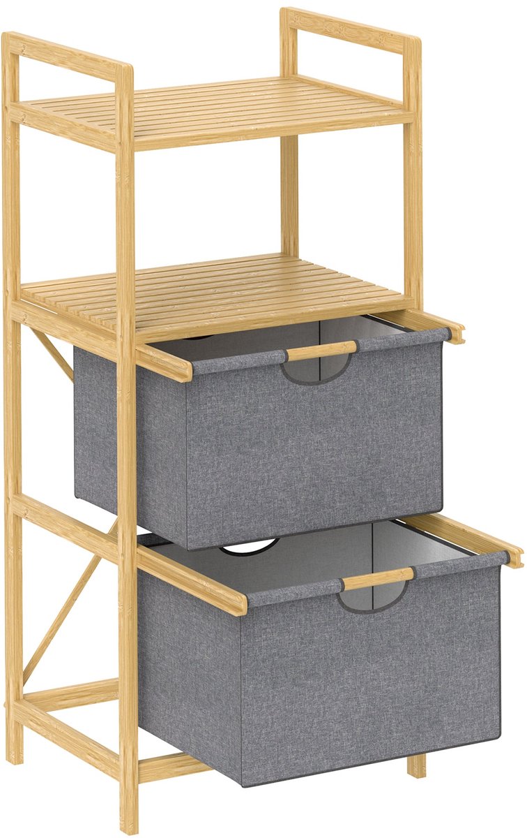 Merax Bamboe Wasmand 35,4L met 2 Stoffen Waskorven en Open Planken – Dubbele Wasbox met Handgreep – Naturel Bruin