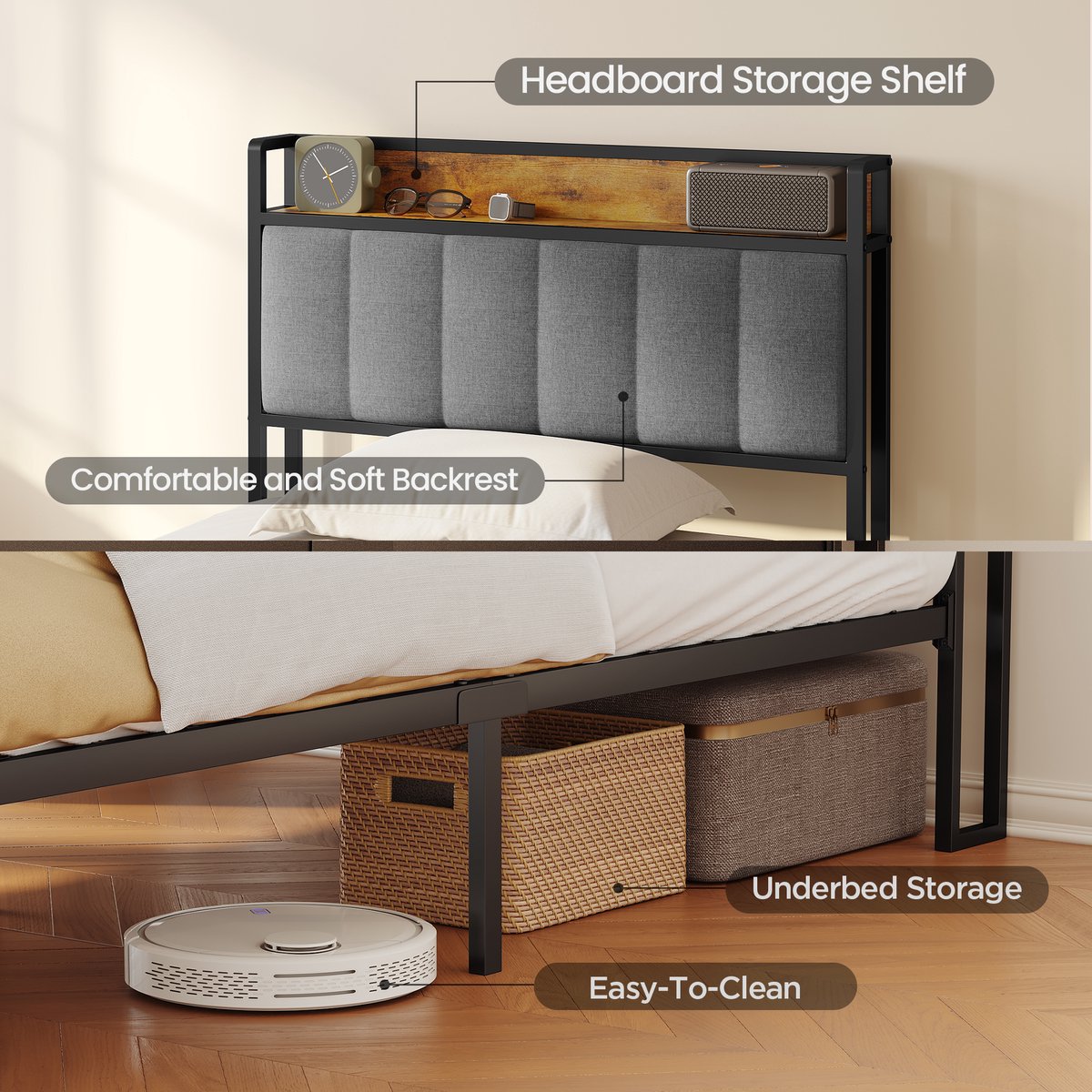 Xbro Bed 90 x 200 cm met Hoofdbord en Metalen Bedbodem, Eenpersoonsbed met 35 cm Opbergruimte, Gemakkelijk te Monteren — cadeau in Cadeau-ideeën - foto 6