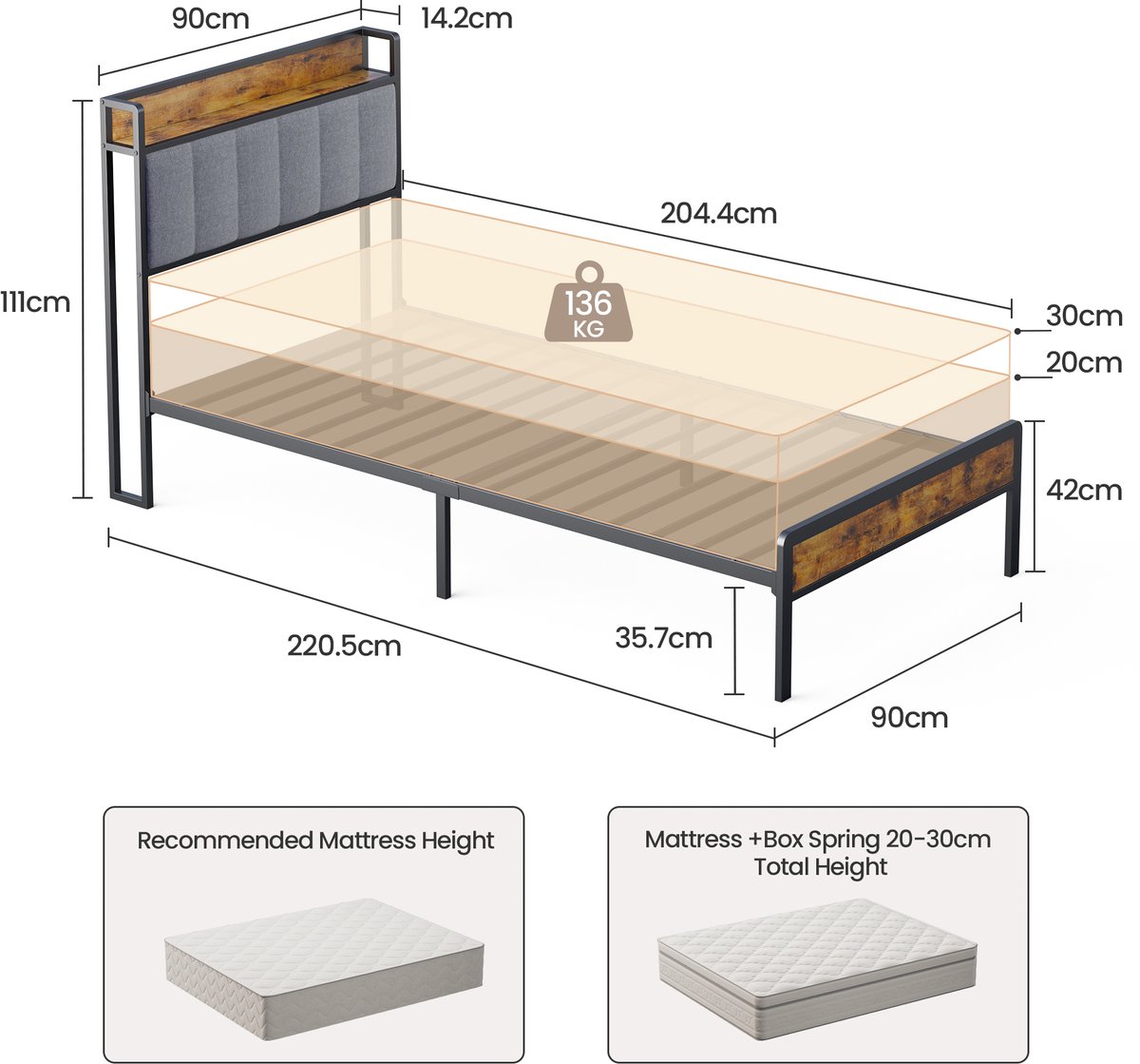 Xbro Bed 90 x 200 cm met Hoofdbord en Metalen Bedbodem, Eenpersoonsbed met 35 cm Opbergruimte, Gemakkelijk te Monteren — cadeau in Cadeau-ideeën - foto 2