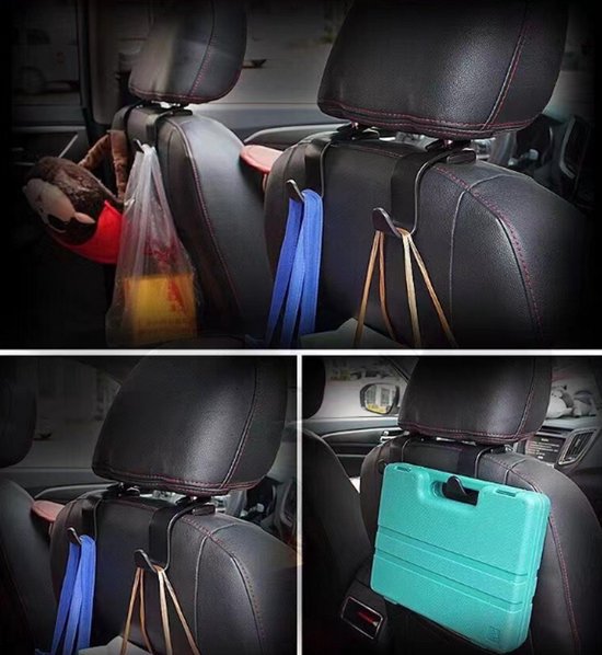 Kleine montagebeelden van zwarte hoofdsteunhaken die tassen, een knuffel en een groene koffer aan autostoelen hangen.