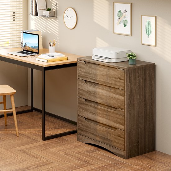 Commode marron à 4 tiroirs, à côté d'un bureau avec ordinateur portable et imprimante.