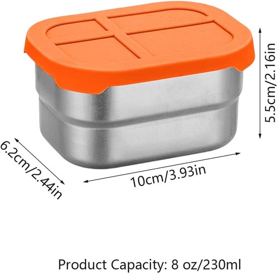 Een zilverkleurig bakje met een oranje siliconen deksel, met afmetingen aangegeven.