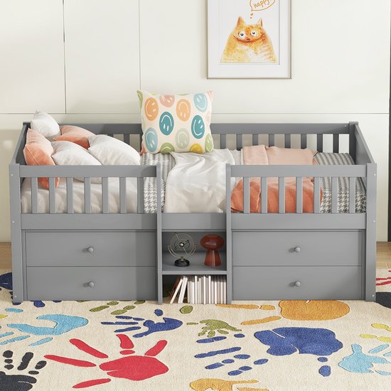Lit mi-hauteur 90x200 cm - 4 tiroirs - dossier - échelle - bois de pin - sans matelas - gris