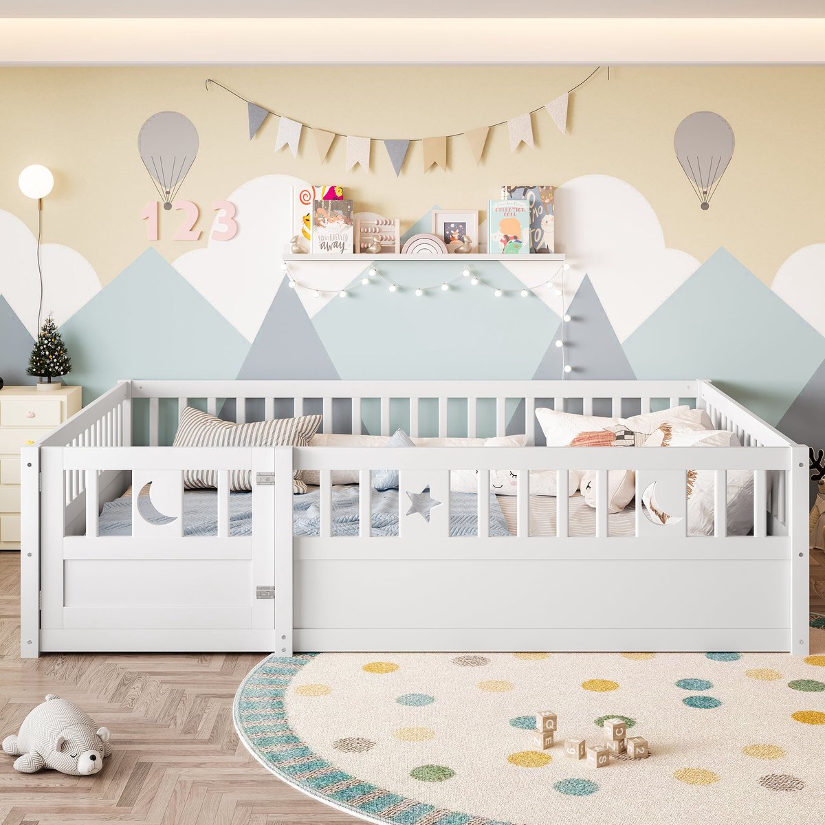 Merax Paneelbed Kinderbed 140x190 Cm - Veilig Bedhek Sterren en Maan Decoratie - Minimalistisch Wit