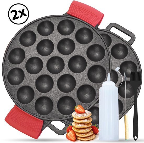 Poffertjespan - Set van 2 pannen incl. accessoires - Bak 38 poffertjes tegelijk - Gietijzeren poffertjespannen ook voor inductie - Ø 24 cm