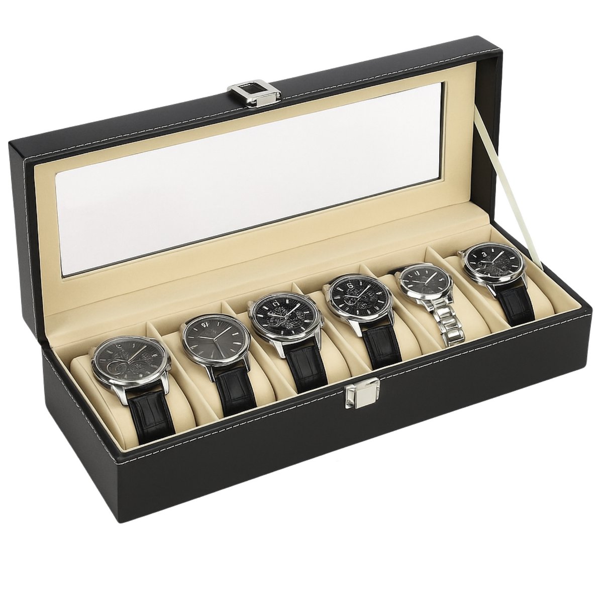 Lomera Horlogebox voor 6 Horloges - Zwarte Horlogebox - PU Kunstleer Horlogedoos - Horlogekist met Clipsluiting - Horloge Opbergdoos - Sieradendoos voor Horloges - Horlogedoos Heren en Dames - Luxe Horlogebox - Horlogekist met Vakken