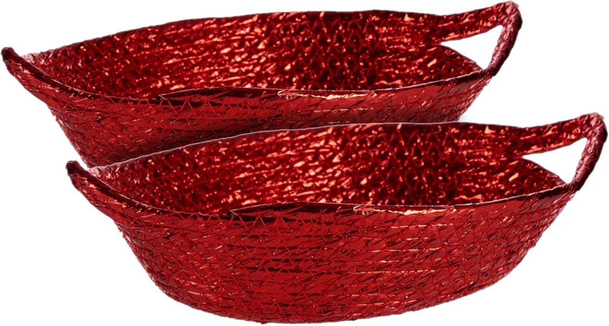 Krist+ broodmandje - 2x stuks - metallic rood - 26 x 22 x 8 cm - zeegras - kerst opbergmandje