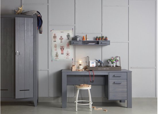 WOOOD Dennis Bureau - Grenen Geborsteld - Staal Grijs - 74x141x59