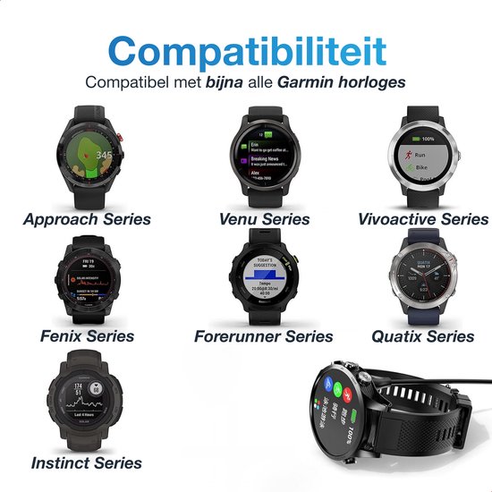 Overzicht van verschillende Garmin smartwatches: Approach, Venu, Vivoactive, Fenix, Forerunner, Quatix, Instinct.