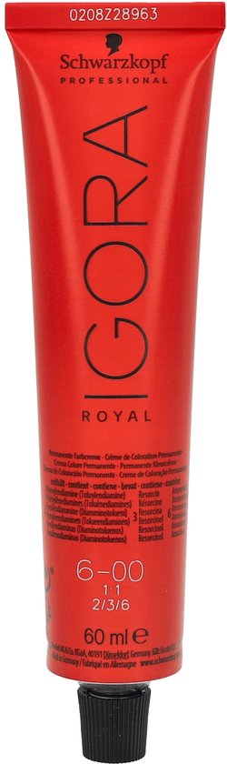 Rode tube IGORA ROYAL haarverf met zwarte dop en productinformatie.
