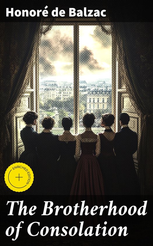 Couverture du livre The Brotherhood of Consolation avec un groupe de personnes regardant par une fenêtre.