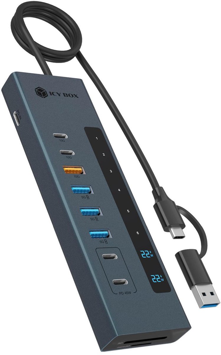 ICY BOX IB-HUB1742CR-C2PD USB 3.2 Gen 2 (3.1 Gen 2) Type-A + Type-C 10000 Mbit/s Zwart