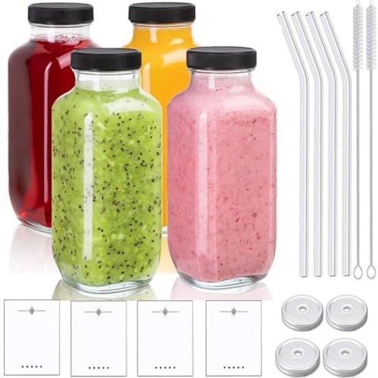 Lot De 4 Bouteilles Transparentes 300ml Avec Couvercles Et Étiquette Fruit - Idéales Pour Jus Et Boissons
