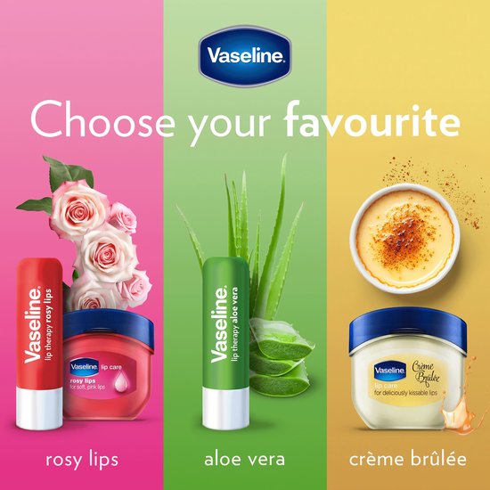 Vaseline 'Kies je favoriet': Rosy Lips met rozen, Aloe Vera met aloë en Crème Brûlée met crème brûlée