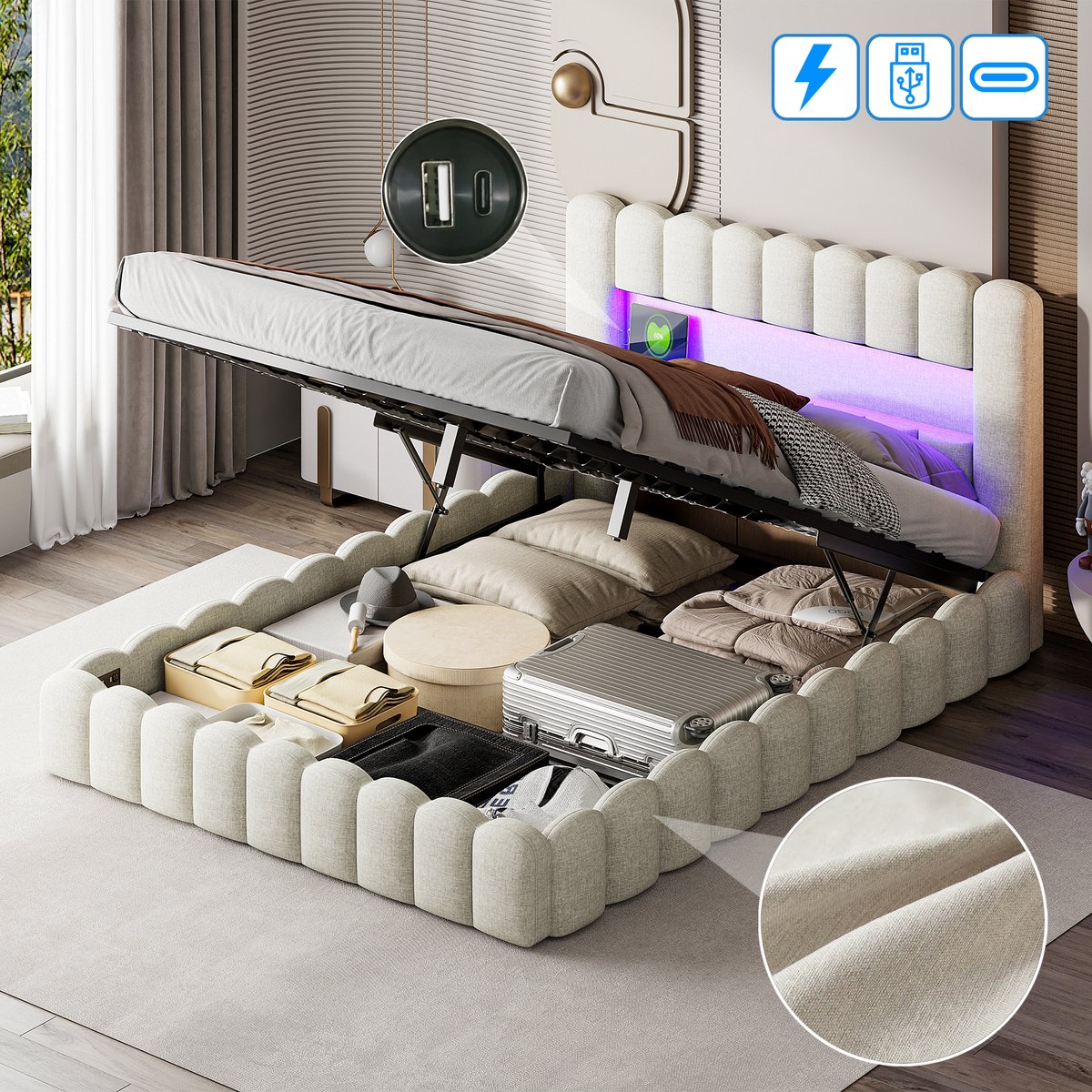 Tweepersoonsbed 180x200cm – Beige Linnen, Gasveer Opbergbed met USB Oplaadpoorten & LED Verlichting