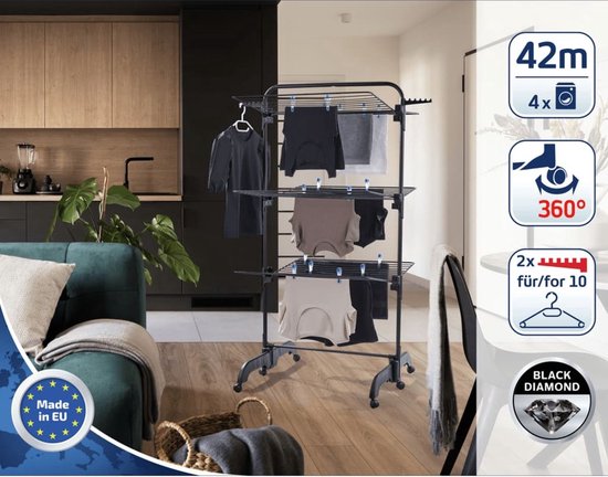 Tour de séchage Leifheit Pegasus 420 Solid Comfort - longueur de séchage 42 m - avec roues et cintres inclus - noir