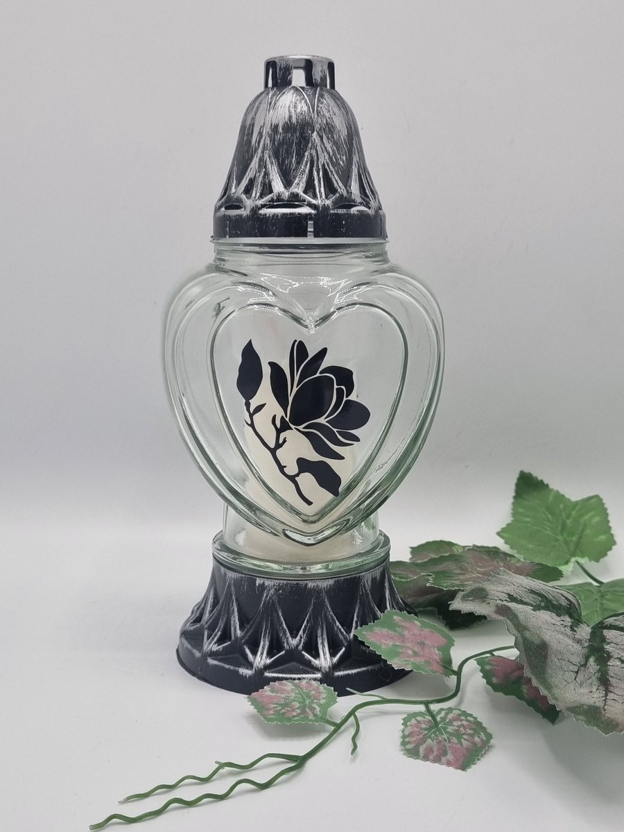 Herdenkingslicht - P39 - Zilver - Transparant glas - Magnolia - Grafkaars – Graflicht – Graflantaarn