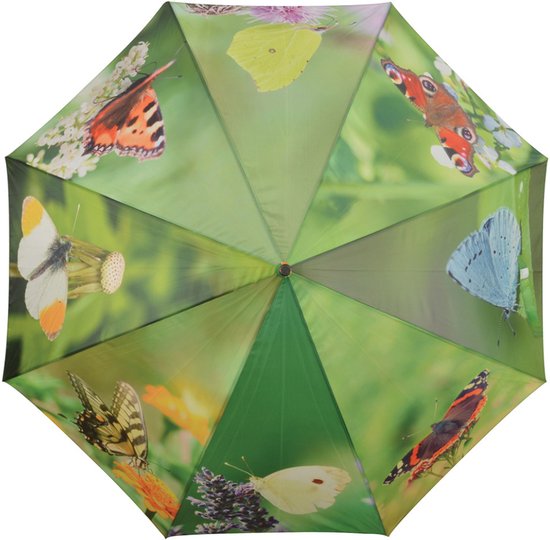 Vue de dessus d'un parapluie vert avec un collage de différents imprimés de papillons.