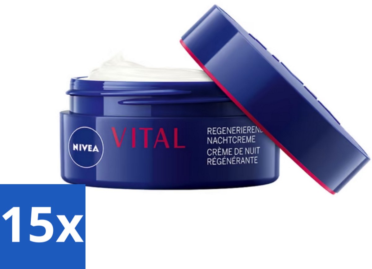 15 x NIVEA - Nachtcrème - VITAL Anti-Rimpel Herstellend - Voor rijpe huid - Met Vitamine F, Teunisbloemolie & Calcium - 50 ml - Anti-rimpel Crème - Nachtcrème Voor Rijpe Huid - Huidherstel Crème - Vitamine F Crème - Teunisbloemolie Crème