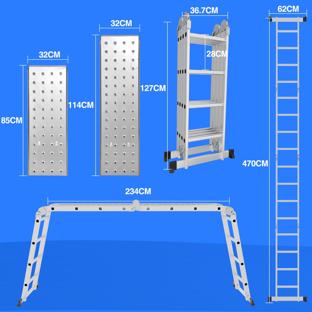 Multifunctionele vouwladder 6 in 1 - 4.7M Vouwladder 4 x 4 treden met platform - Aluminium Ladder, Mobiele Multifunctionele Ladder met Werkplatform, Stelling, Aluminium Rolsteiger, Huishoudladder, Draagvermogen tot 150 kg - Zilver – foto 8