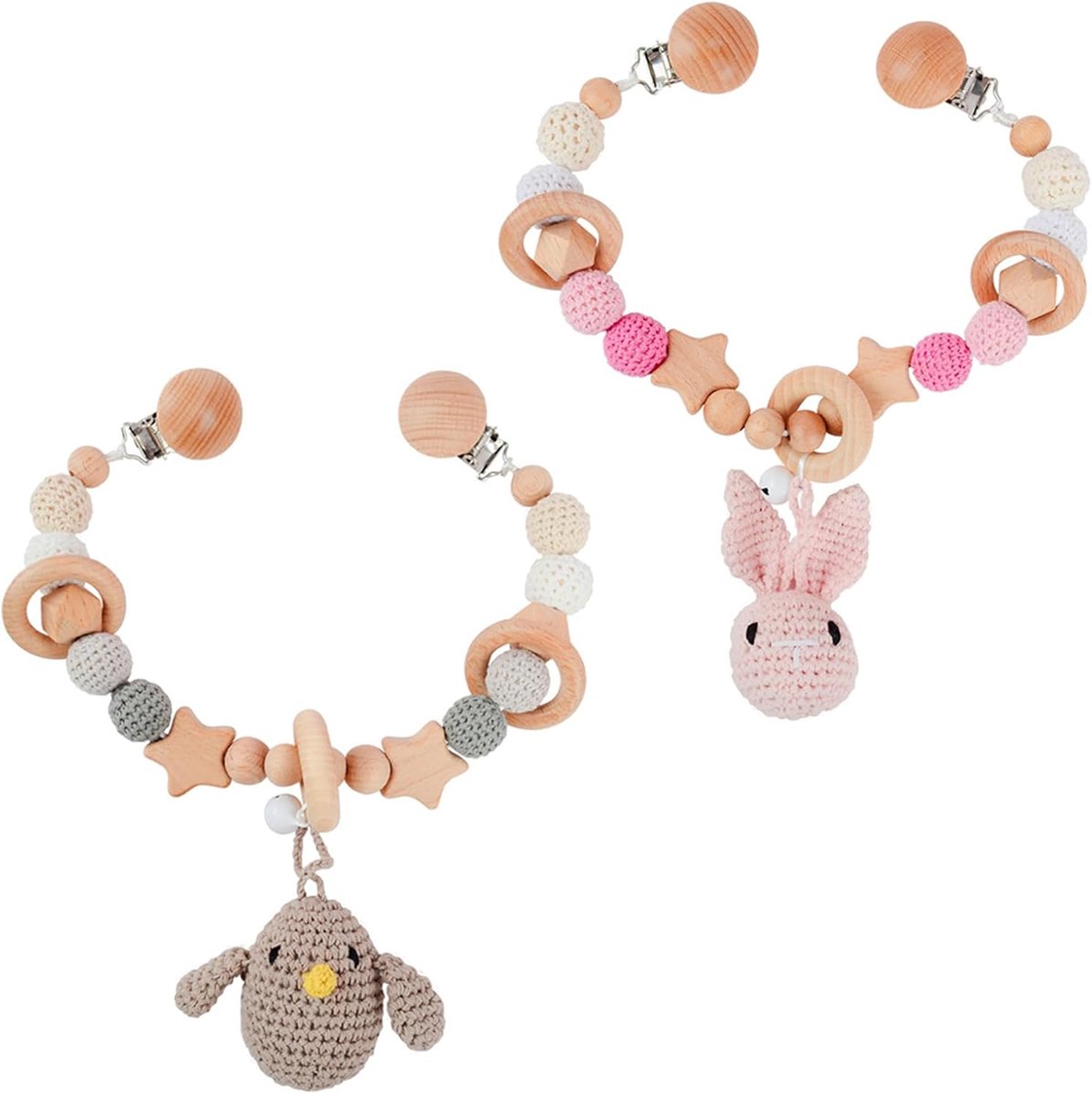 Image of 2 Pcs Houten Pram Chain - Ketting Speelgoed met Hangers - Kinderwagen Ketting - Multifunctioneel Bed Kinderwagen Speelgoed Activiteit Speelgoed voor Jongens en Meisjes vanaf 0+ Maanden