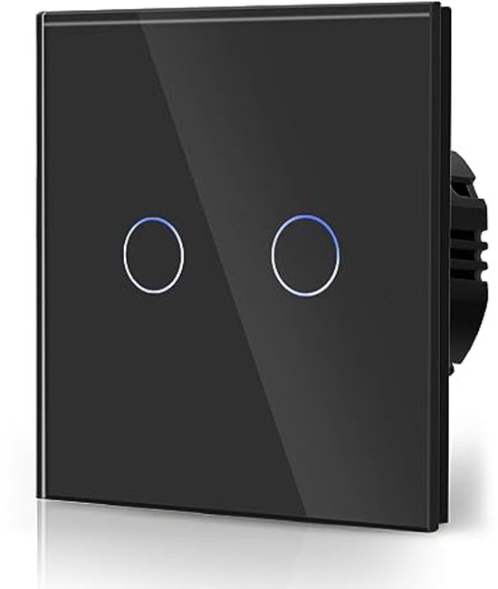 Zwarte glazen touch-schakelaar met twee cirkelvormige led-indicatoren op een witte achtergrond.
