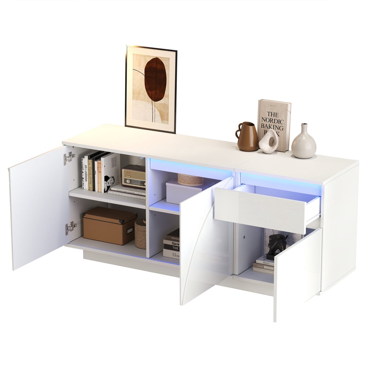 Merax Dressoir met LED Verlichting - Witte Hoogglans Kast 140×40×60 cm - Sideboard met 3 Kasten en 1 Lade - Verstelbare Planken - Modern Woonkamerdressoir