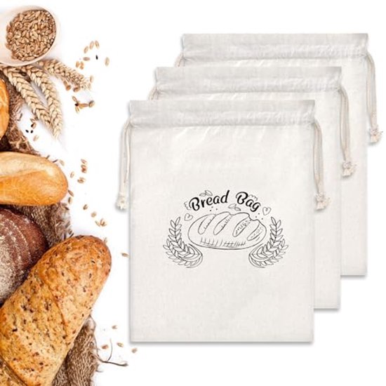 Broodzak, 4 stuks broodzakken van 100% linnen, herbruikbaar, voor gebak en alle soorten brood