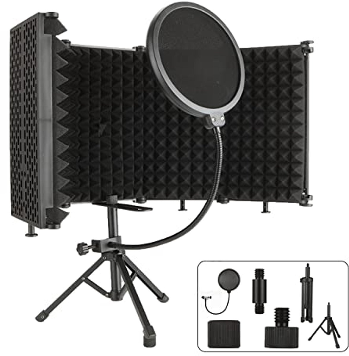 Opvouwbaar Microfoonisolatiescherm met Popfilter en Statief voor Geluidsbescherming - 5 Schuimafzuigpanelen