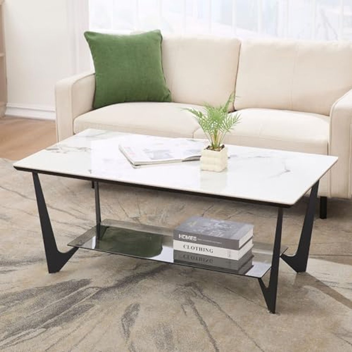 Moderne Koffietafel met Marmerlook - Vierkante Middentafel met Metalen Poten en Glazen Plank