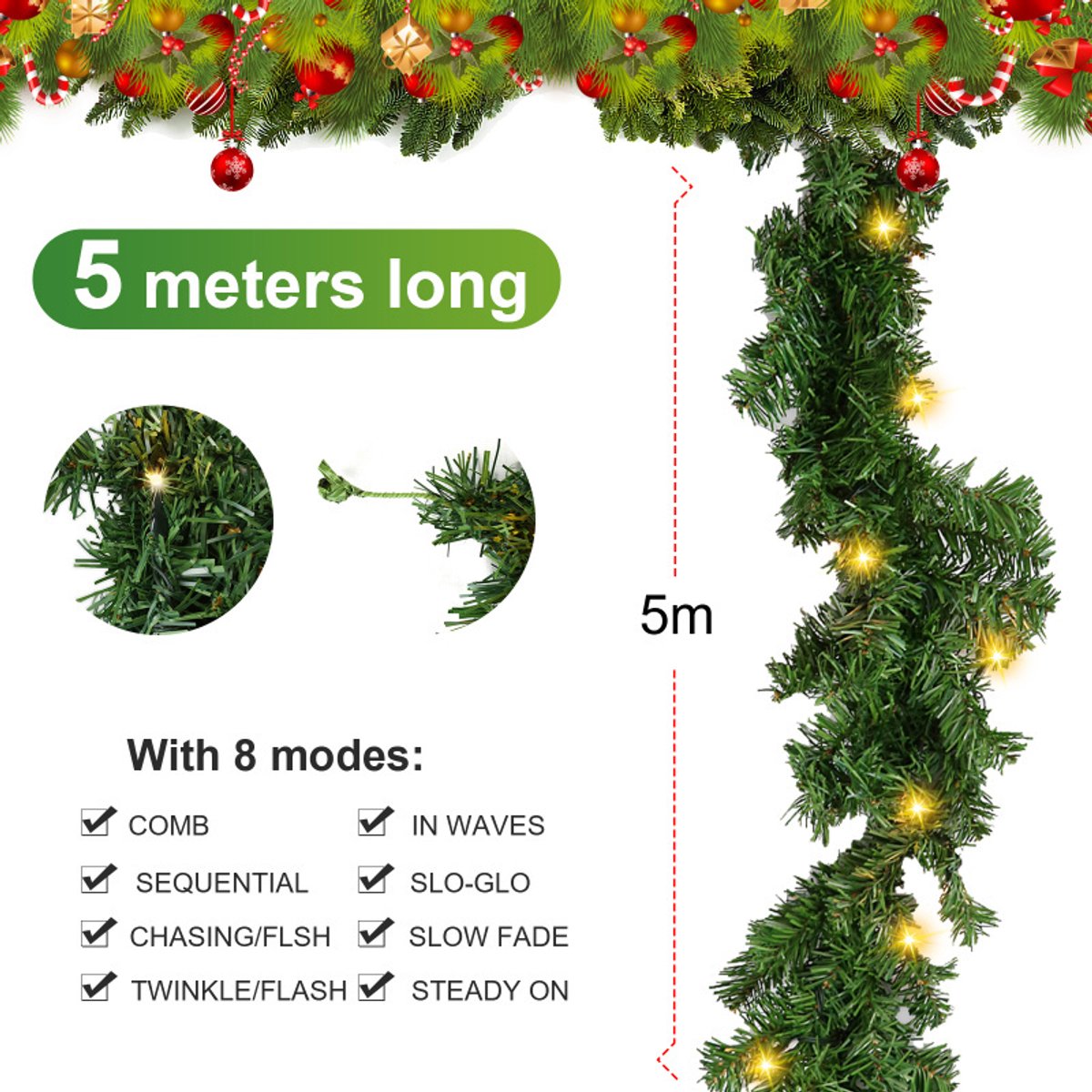 Kerstguirlande 5M Guirlande met verlichting Zwaardere kwaliteit Guirlande Kerstverlichting Kerstversiering mit 100 lEDs – foto 2
