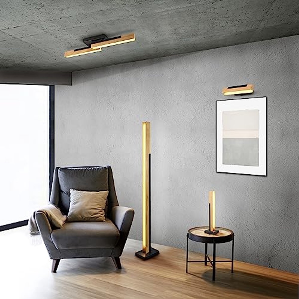 Vloerlamp Kerala met LED Verlichting - Natuurlijk Hout en Mat Zwart Metaal - 120cm Hoog, 1