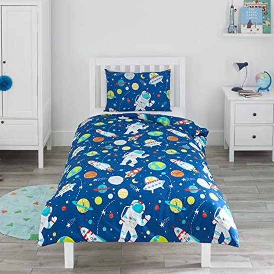 Ruimte Beddengoedset voor Kinderen - 120 x 150 cm, Astronauten en Raketten, Omkeerbaar, Inclusief Kussensloop